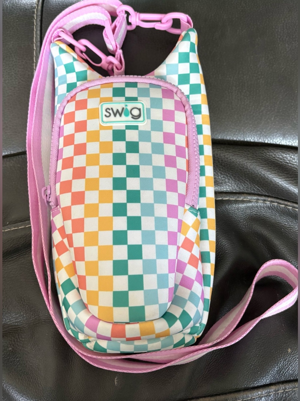 Swig Pink Multicolor Check Mate Water Sling Crossbody Bag checkerboard